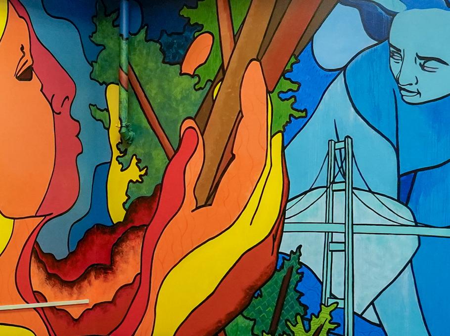 A colorful mural that can be found in TCC's library